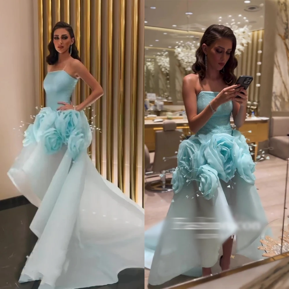 Top Trends: Exquisite Strapless Ball Gown Hi-Lo Prom Dresses Flower Organza Formal Occasion فساتين سهره نسائيه فخمةفستان سهرهجديد في فس Shoppable Styles