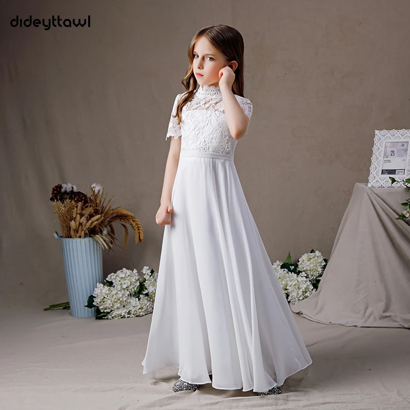 Top Trends: Dideyttawl White High Neck Chiffon First Communion Dresses 2024 Lace Short Sleeves Junior Bridesmaid Gown Concert Birthday Party Shoppable Styles