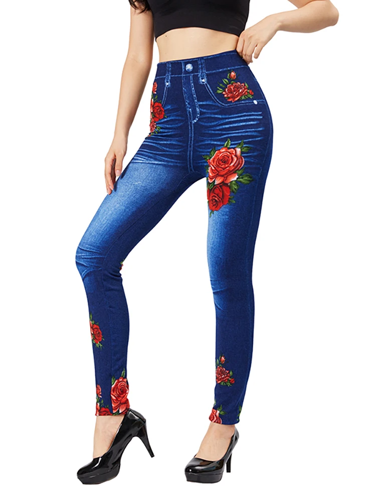 Top Trends: CUHAKCI Elegant Women Casual Fake Jeans Red Rose Flower Print Vintage Stretch Pencil Pants Slim Fit Thin Workout Yoga Jeggings Shoppable Styles