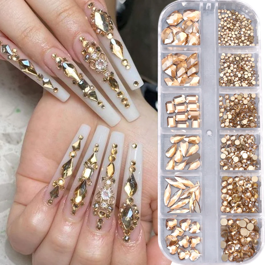 Top Trends: 720 / 1000pcs Champagne Nail Art Rhinestones 5 / 10pcs Shaped Gem 75 / 120pcs Mini Diamond Mixed Sizes Flat-Back Luxurious Crystal RH4 Shoppable Styles