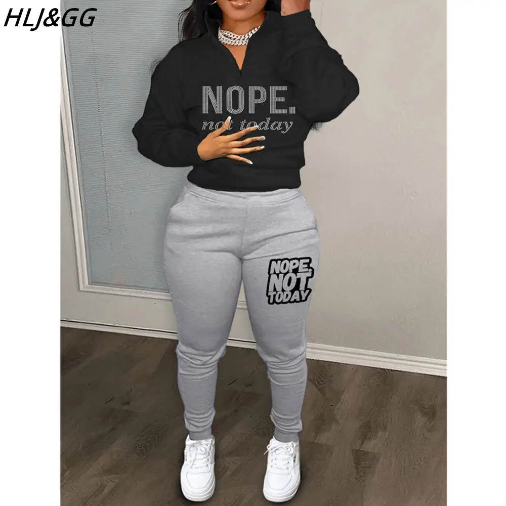 Top Trends: HLJ&amp;GG Fashion Letter Printing Jogger Pants Sets Women V Neck Long Sleeve Top And Skinny Pants Two Piece Outfits Tracksuits 2023 Shoppable Styles