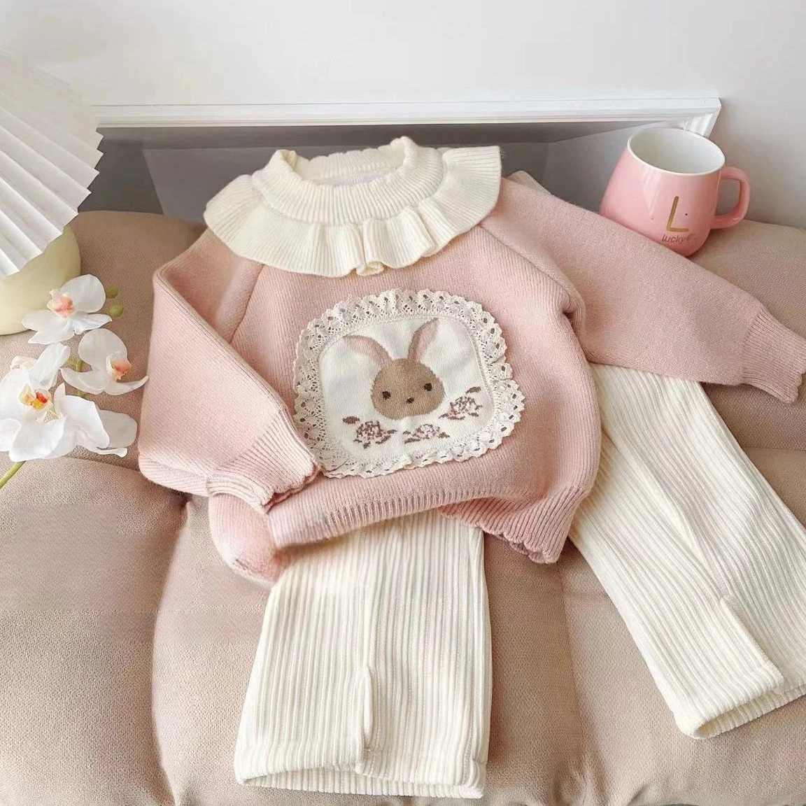 Top Trends: Kids Girls Cute Sweater Sets Ruched O-neck Rabbit Print Knitting Shirt+ Elastic Waist Beige Split Fleece Pants Two Pieces Suits Shoppable Styles