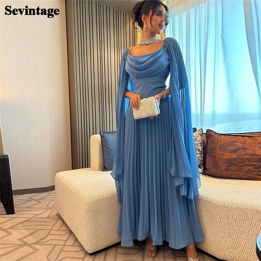 Top Trends: Sevintage Elegant Blue Arabia Chiffon Prom Dresses Scoop Long Cape Sleeves Pleated Party Growns فساتين للحفلات الراقصة 2024 Shoppable Styles