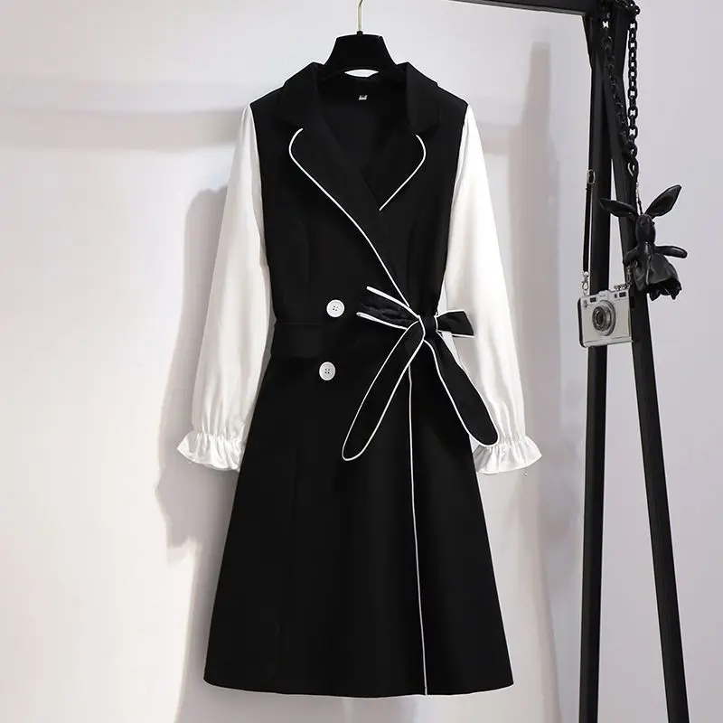 Top Trends: Oversized Fat Sister Dress 2023 New Spring And Autumn Hepburn Style Commuter Style Simple Lace Up Waist Long Sleeve Suit Dress Shoppable Styles