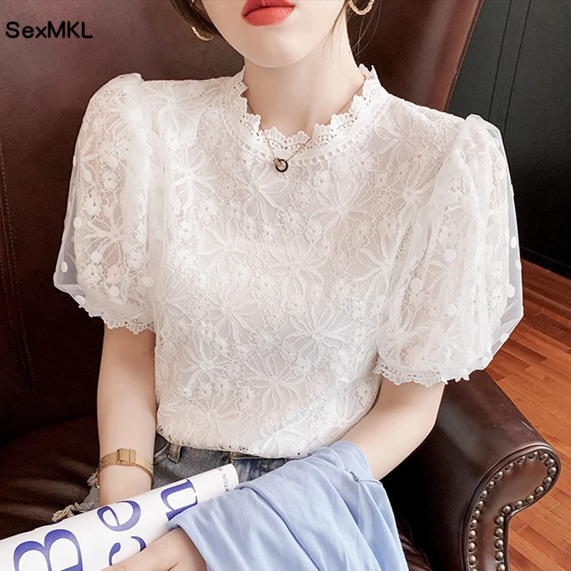 Top Trends: Women White Lace Blouses Summer 2023 Fashion Hollow Out Black Blusas Mujer Casual Korean Style Elegant Puff Sleeve Tops Vintage Shoppable Styles