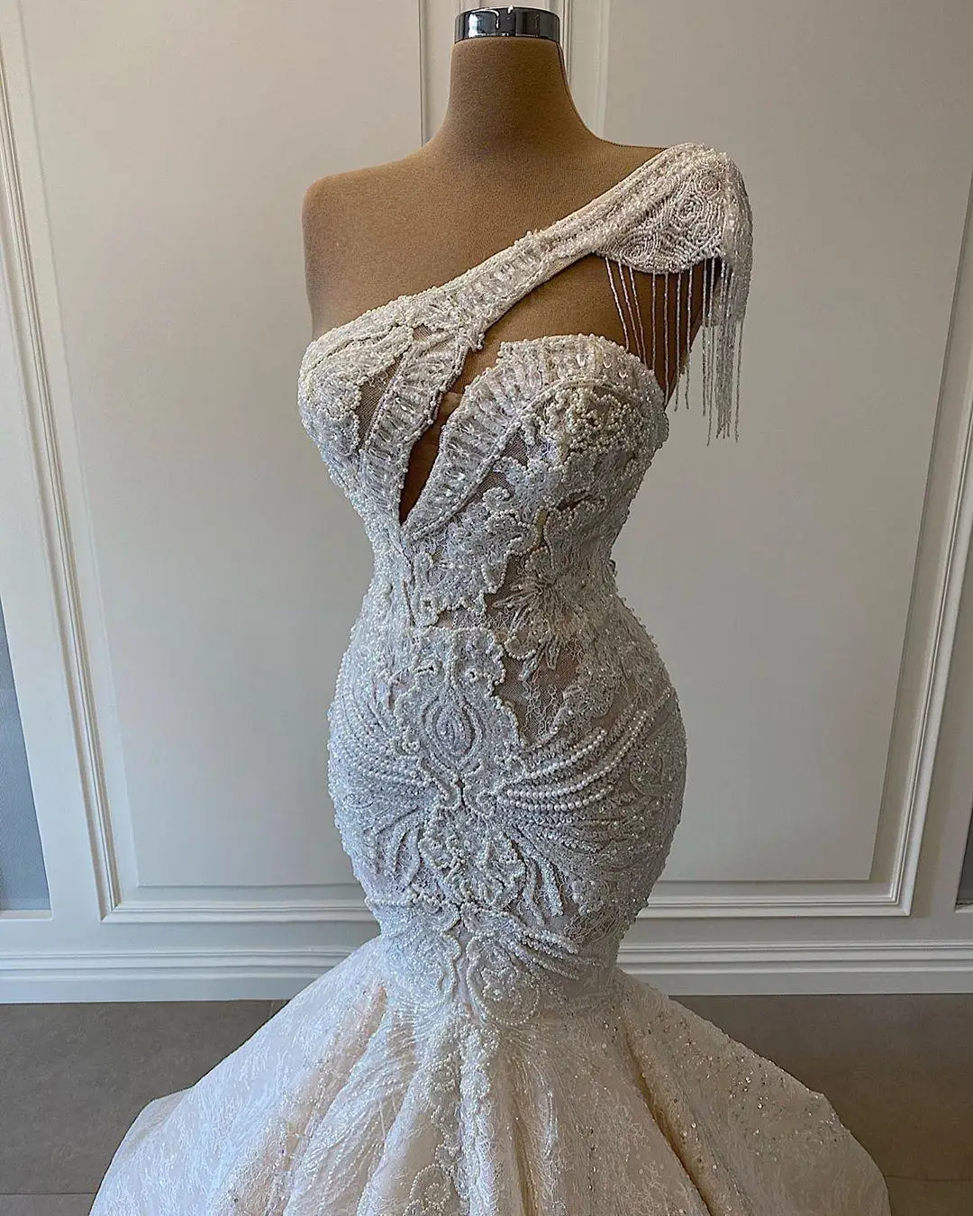 Top Trends: Luxurious Lace Beaded Wedding Dresses One Shoulder Mermaid Bridal Gowns Crystal Beads Sequin Sweep Train Robe De Mariee Shoppable Styles