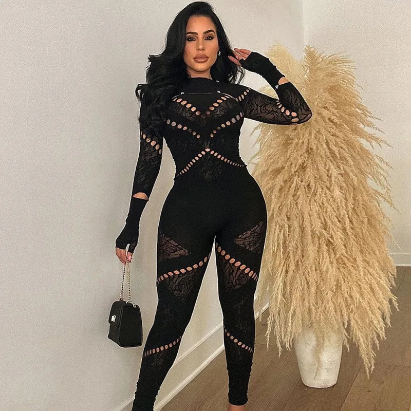 Top Trends: 2023 Autumn Knitted Lace Jumpsuit Women Sexy Diamond Hollow Out Gloves Long Sleeve Cape Strapless Skinny Jumpsuits Clubwear Shoppable Styles