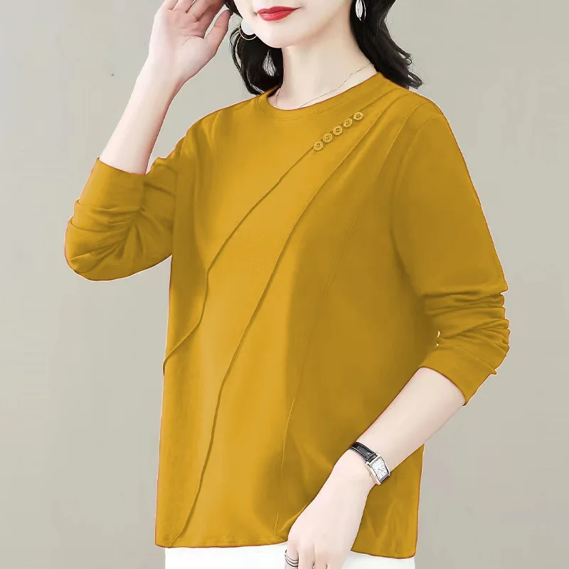 Top Trends: 2023 Autumn Big Size Women's Clothing New Loose Versatile Simple Commute Round Neck Solid Color Button Splicing Long-sleeved Top Shoppable Styles