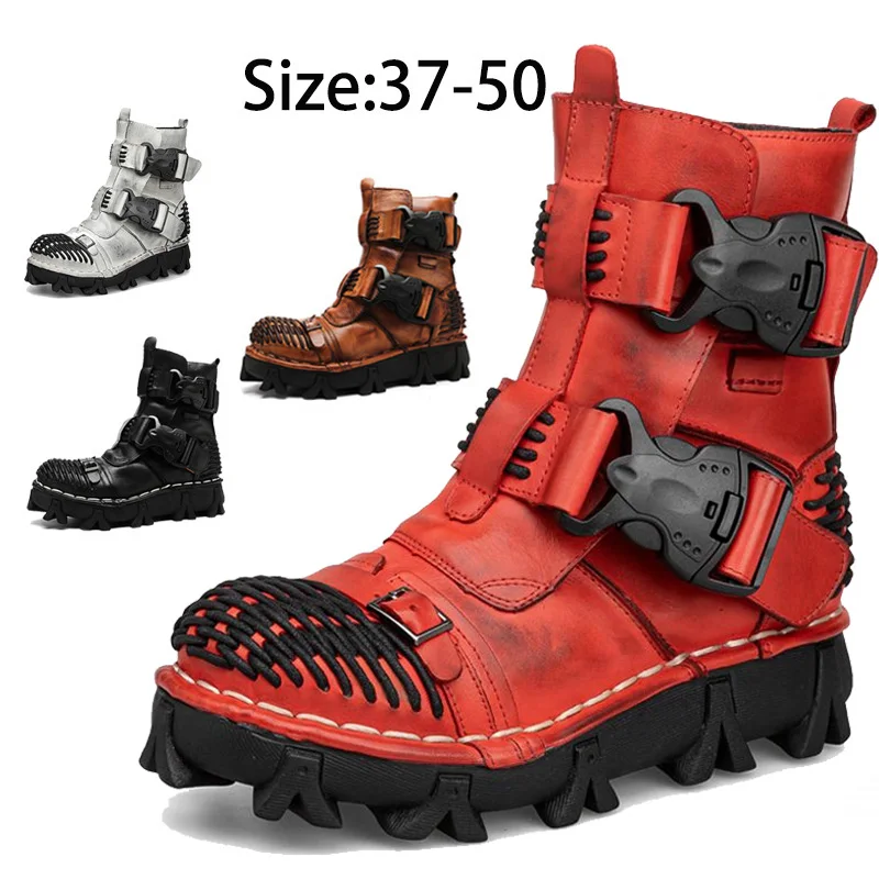 Top Trends: Fashion Men Genuine Leather Motorcycle Boots Winter Riding Boots Military Combat Boots Gothic Skull Punk Buckle Mid-calf Boots Shoppable Styles