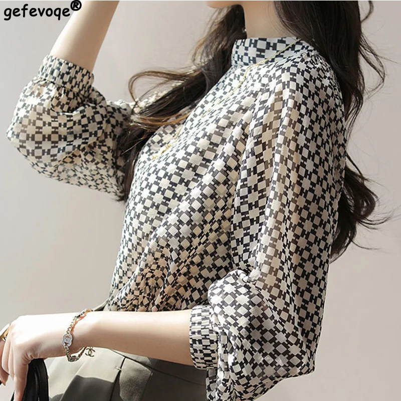 Top Trends: 2022 Summer New Temperament Office Print Blouses O Neck Long Sleeve Tops Chiffon Simplicity Shirts Fashion Casual Women Clothing Shoppable Styles