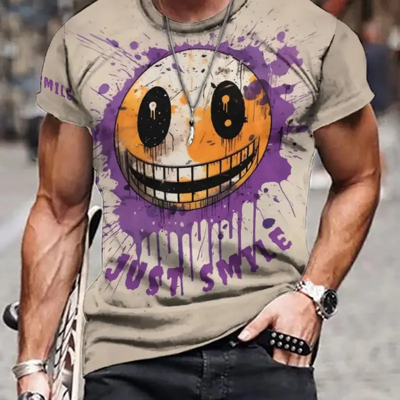 Top Trends: 2023 Men's 3D Graffiti Smile Graphic T-shirt, Casual Slightly Stretch Breathable Tee, Men's Clothing For Outdoor Spring Summer Shoppable Styles