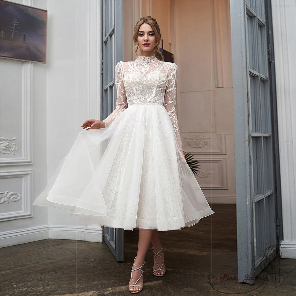 Top Trends: High Nech Short Wedding Dresses For Women Full Sleeve Applique Soft Tulle Organza Bridal Gowns Tea Length Vestidos De Novia 2023 Shoppable Styles