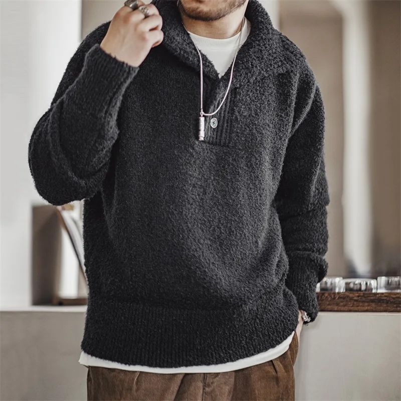 Top Trends: Maden Retro Heavy Loop Yarn Polo Knit Sweater Men's Black Warm Thick Jumper 2023 Autumn Winter Brand Designer Oversize Pullover Shoppable Styles