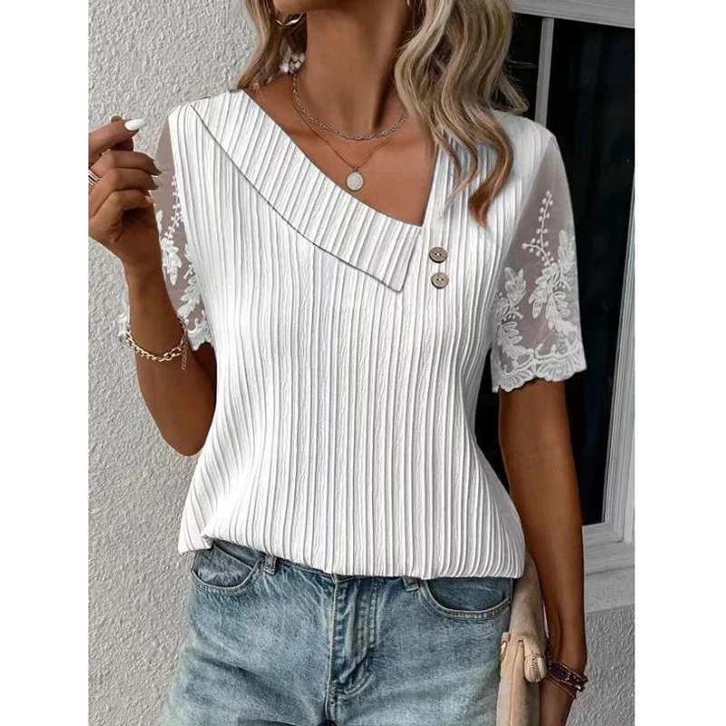 Top Trends: Summer Elegant Blouse Women Casual Skew Collar Lace Short Sleeve T-shirt Tops For Women Simple Buttons Loose Shirts & Blouses Shoppable Styles