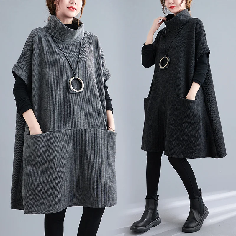 Top Trends: #4093 Black Grey Sweatshirt Dress Women Short Sleeve Loose Turtleneck Asymmetrical Dress Femme Pockets Knee-length Autumn Winter Shoppable Styles