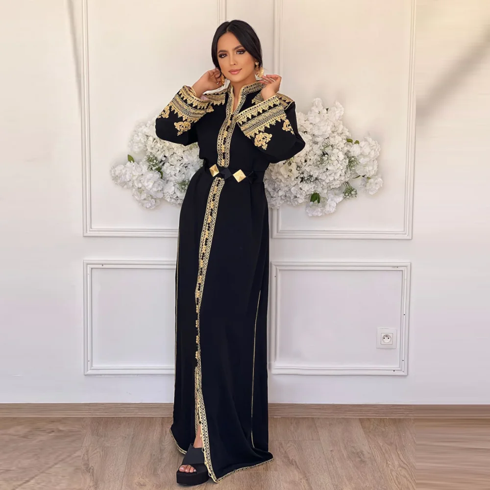 Top Trends: Moroccan Caftan Women Gold Applique Beaded Stand Collar Abaya For Wedding Party Dubai Middle Kaftan Long Sleeves With Belt Shoppable Styles