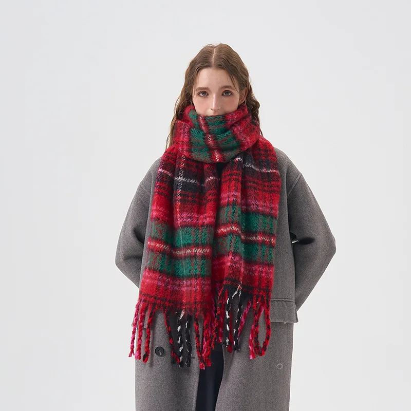 Top Trends: Hot 2023 Women Retro Color Clash Red Plaid Scarf Winter Couple Imitation Cashmere Scarf Warm Plaid Shawl Shoppable Styles