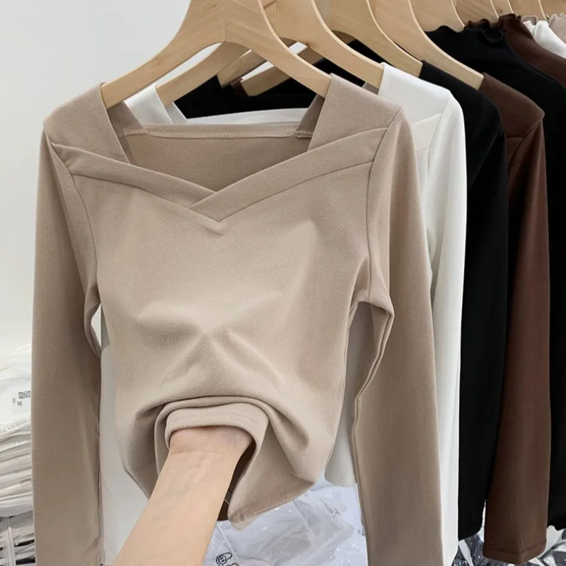 Top Trends: Four Colors Spring Summer Basic Sense Of Design Long Sleeve T-Shirts Square Collar Slim Pure Cotton Women&#039;s Clothing Simplicity Shoppable Styles