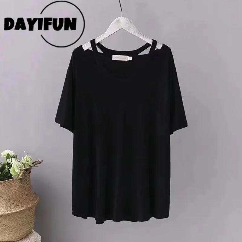 Top Trends: DAYIFUN Plus Size 150KG Women Large Tshirts Solid Color Tops Lady Loose Short Sleeve T-shirts Summer V Neck Hollow-out Tee Femme Shoppable Styles