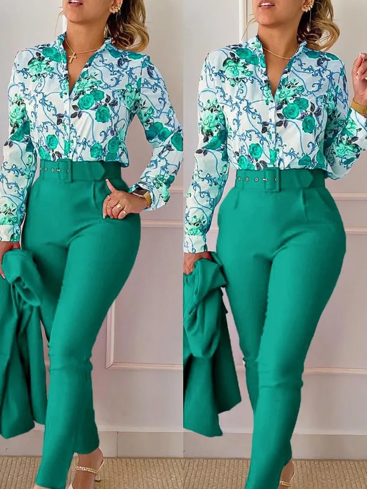 Top Trends: Spring Autumn Fashion Print 2 Piece Sets Women 2023 Casual Button Long Sleeve Shirt Pants Suits Female V-Neck Top Pants Outifits Shoppable Styles