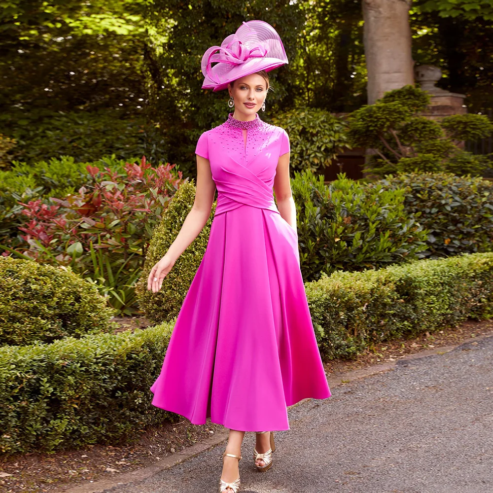 Top Trends: Elegant Hot Pink Mother Of The Bride Dresses High Neck Short Sleeve Wedding Party Gowns Pearls A-Line Ankle-Length فساتين السهرة Shoppable Styles