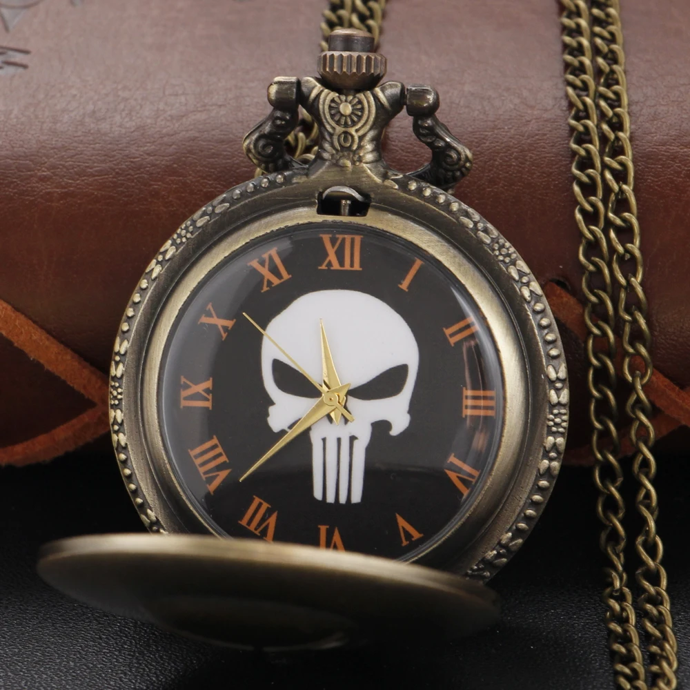 Top Trends: Fine Steel Punishment Skeleton Roman Numerals Dial Quartz Pocket Watch Bronze Antique Fob Chain Necklace Pendant Men&#039;s Clock Shoppable Styles