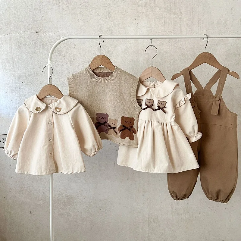 Top Trends: Cute Children Boy Girl Clothes 0-3Years Newborn Kid Bear Pattern Cotton Shirt Knitted Waistcoat Dress Suspender Pant 4PCS Outfit Shoppable Styles