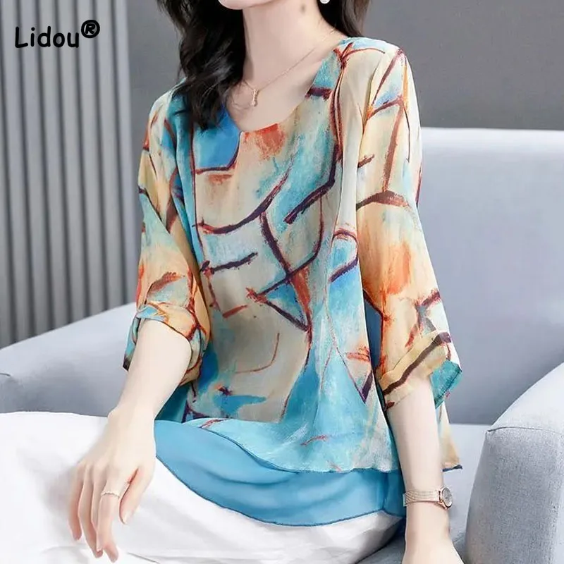 Top Trends: Women's Clothing Summer Fashion Printing Chiffon Blouse 2023 Summer Loose Female Casual 3 / 4 Sleeve Patchwork Round Neck Shirt Shoppable Styles