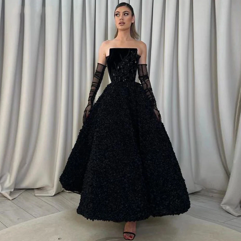 Top Trends: Black Satin Prom Dresses 2023 A-Line Women Boat Neck Lace Appliques Floor Length Evening Gowns Formal Occasion Robes De Soirée Shoppable Styles