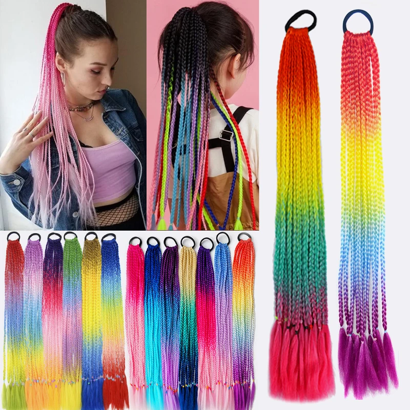 Top Trends: Synthetic Colored Braided Ponytail Hair Extension Rainbow Color Braids Pony Tail With Elastic Band Girl&#039;s Pigtail Braiding Hair Shoppable Styles