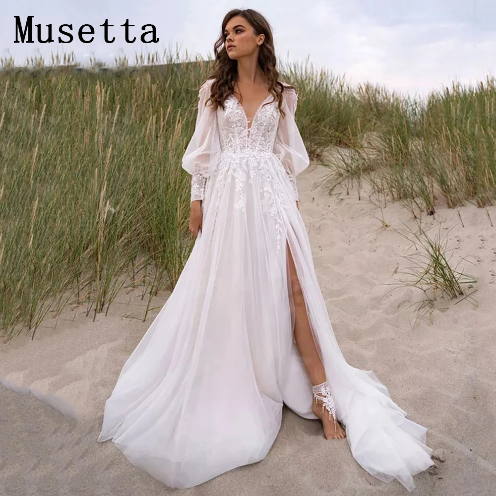 Top Trends: Musetta Beach V-Neck Simple Wedding Dresses 2023 Puff Sleeves High Slit Backless Bridal Gown Lace Applique Tulle Robe De Mariée Shoppable Styles