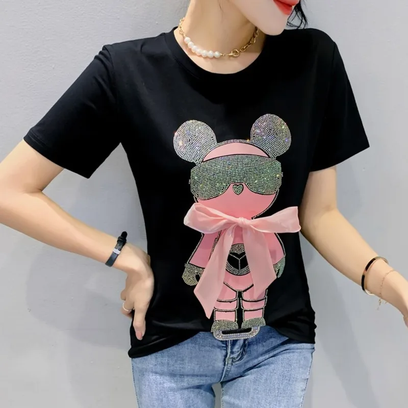 Top Trends: #5214 Black Green White Cute Cartoon Diamonds Short Sleeve T Shirt Women Slim Cotton Summer T-shirt Femme Printed Korean Fashion Shoppable Styles