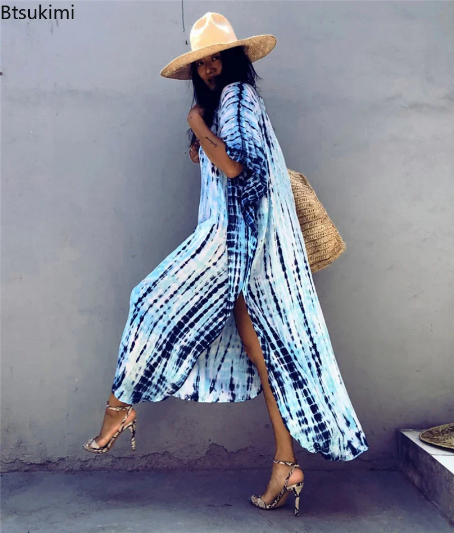 Top Trends: 2024Summer Bohemian Striped Print Women Beach Dress Bathing Suit Cover Up Summer Tunic For Woman Beachwear Robe De Plage Kaftan Shoppable Styles