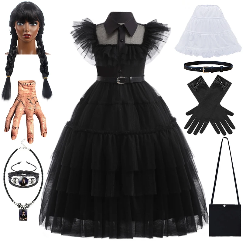 Top Trends: New 3-12 Years Children Cosplay Wednesday Addams Long Dresses Halloween Flying Sleeve Layered Tulle Dress Girl Costume With Belt Shoppable Styles