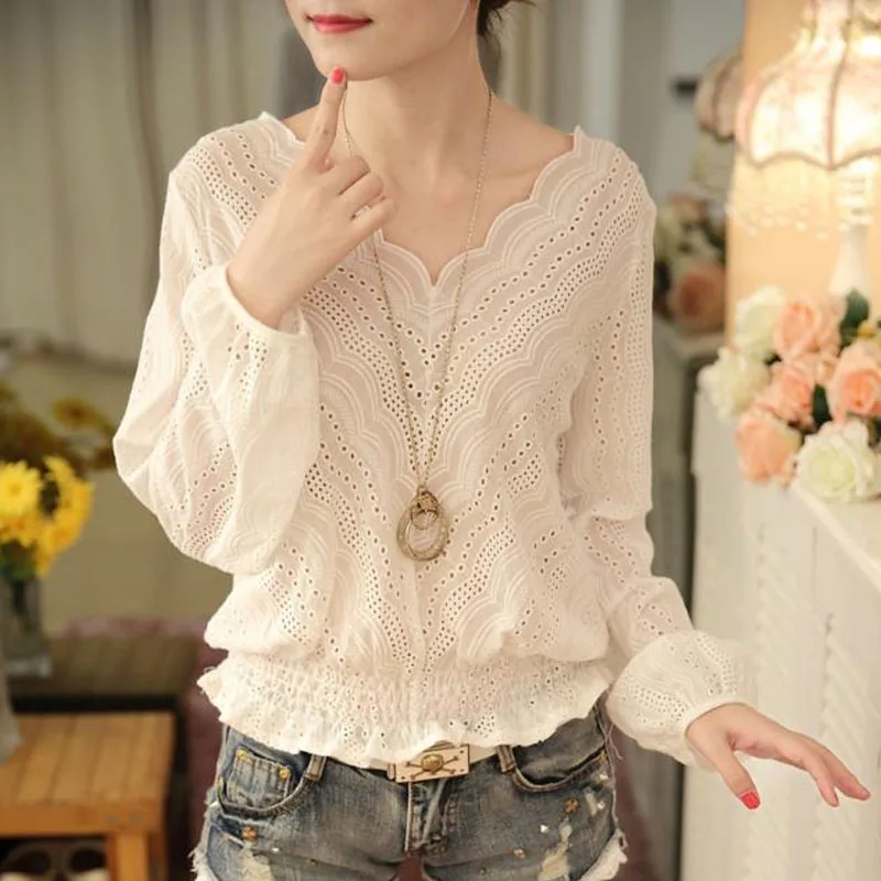 Top Trends: 2022 Spring New Long Sleeve V-Neck Stylish Hollow Out Blouses Elegant Ladies Korean Casual Solid Color Thin Pullovers Shirts Shoppable Styles