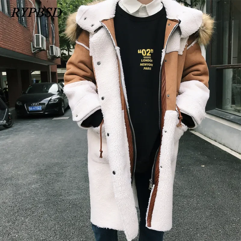 Top Trends: Winter Suede Jackets Men Lamb Plus Velvet Thick Warm Loose Korean Vintage Patchwork Fur Hooded Men Overcoat Long Wool Blend Coat Shoppable Styles