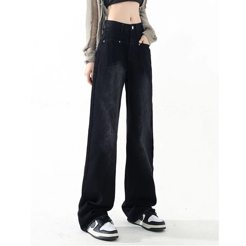 Top Trends: Women&#039;s Vintage Style Black Jeans High Waist Autumn American Fashion Streetwear Wide Leg Pants Female Straight Denim Trousers Shoppable Styles