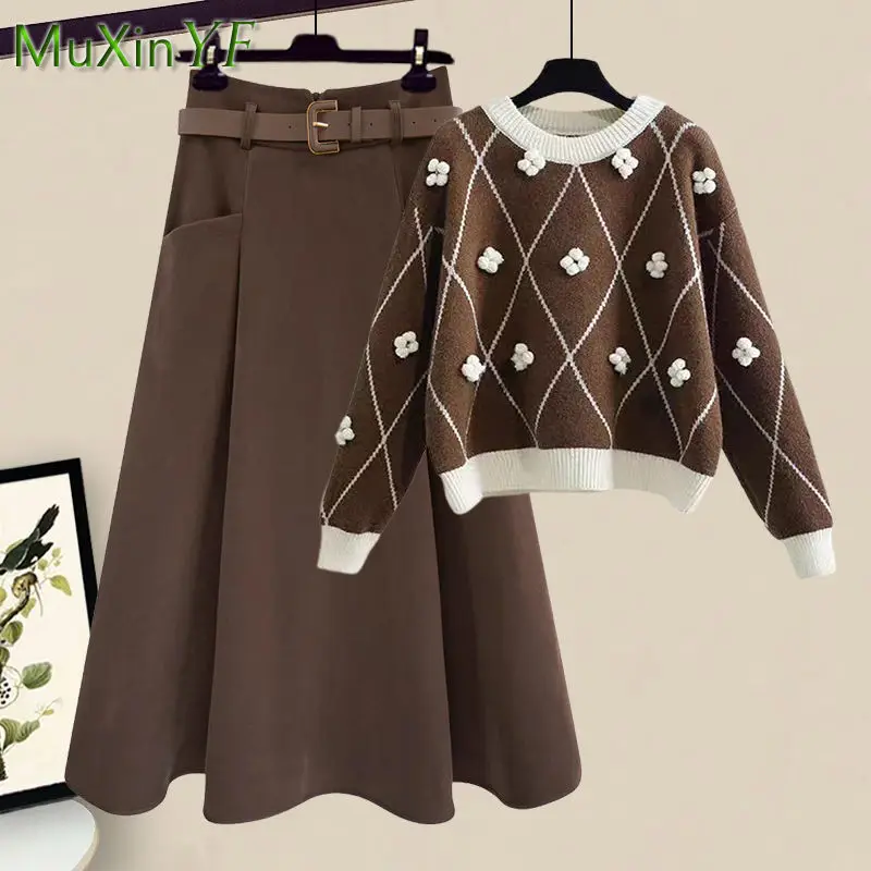 Top Trends: 2024 Spring New Korean Elegant In Matching Set Women&#039;s Vintage Knitted Sweater Half Skirt Two Piece Female Chic Clothing Suit Shoppable Styles