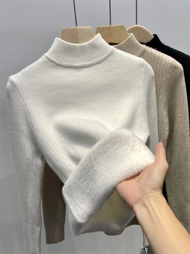 Top Trends: Winter Warm Sweater Pullover Women Slim Thicken Plush Velvet Lined Knitwear Jumper Korean Half Turtleneck Poleras Soft Knit Tops Shoppable Styles - Image 2