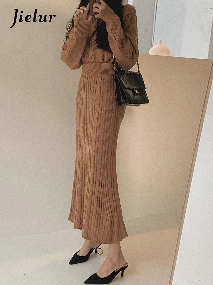 Top Trends: Jielur Two Piece Autumn New Solid Color Slim Woman Skirt Loose Casual Knit Skirt Women Apricot Pink Coffee Chicly Set Female Shoppable Styles