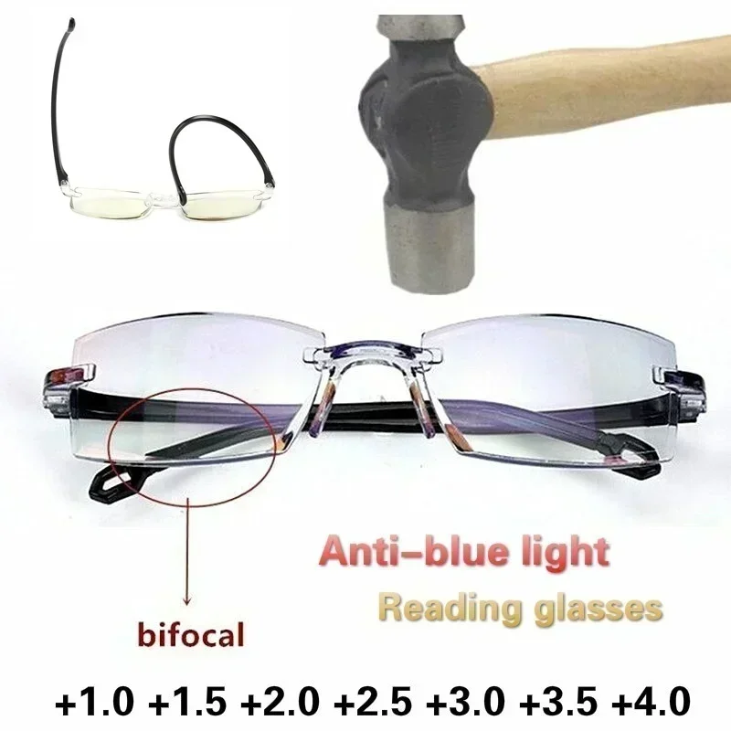 Top Trends: 2024 New Men Women Rimless Reading Glasses Anti Blue Light Bifocal Far Near Magnification Eyewear Presbyopic Glasses + 150 + 200 Shoppable Styles