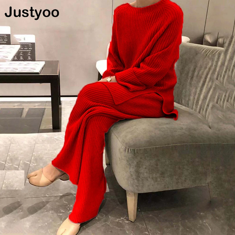 Top Trends: Women Elegant O Neck Loose Sweater And Wide Leg Knitting Trousers Suits Autumn Winter Two Piece Set Vintage Solid Pants Suit Shoppable Styles