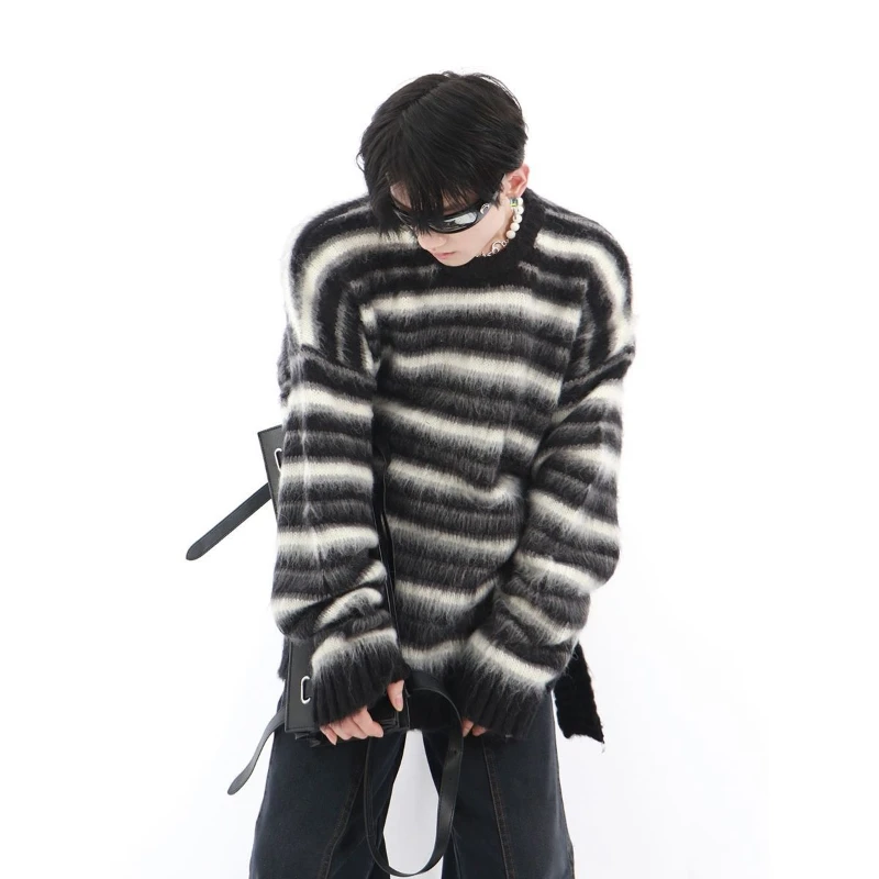 Top Trends: Niche Design Black White Striped Mohair Round Neck Sweater Simple Comfortable Personality Loose Sweater Men Keep Warm Pullover Shoppable Styles