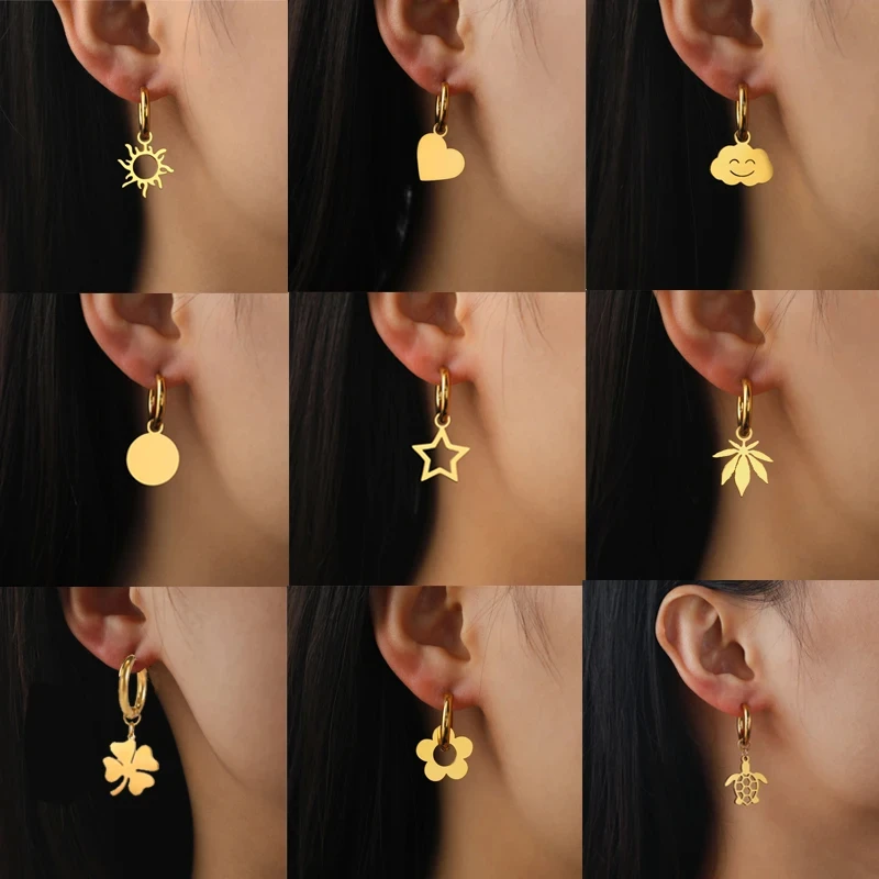 Top Trends: Stainless Steel Heart Flower Sun Hoop Earrings For Women Gold Color Girls Korean Elegant Circle Leaves Star Drop Earring Jewelry Shoppable Styles