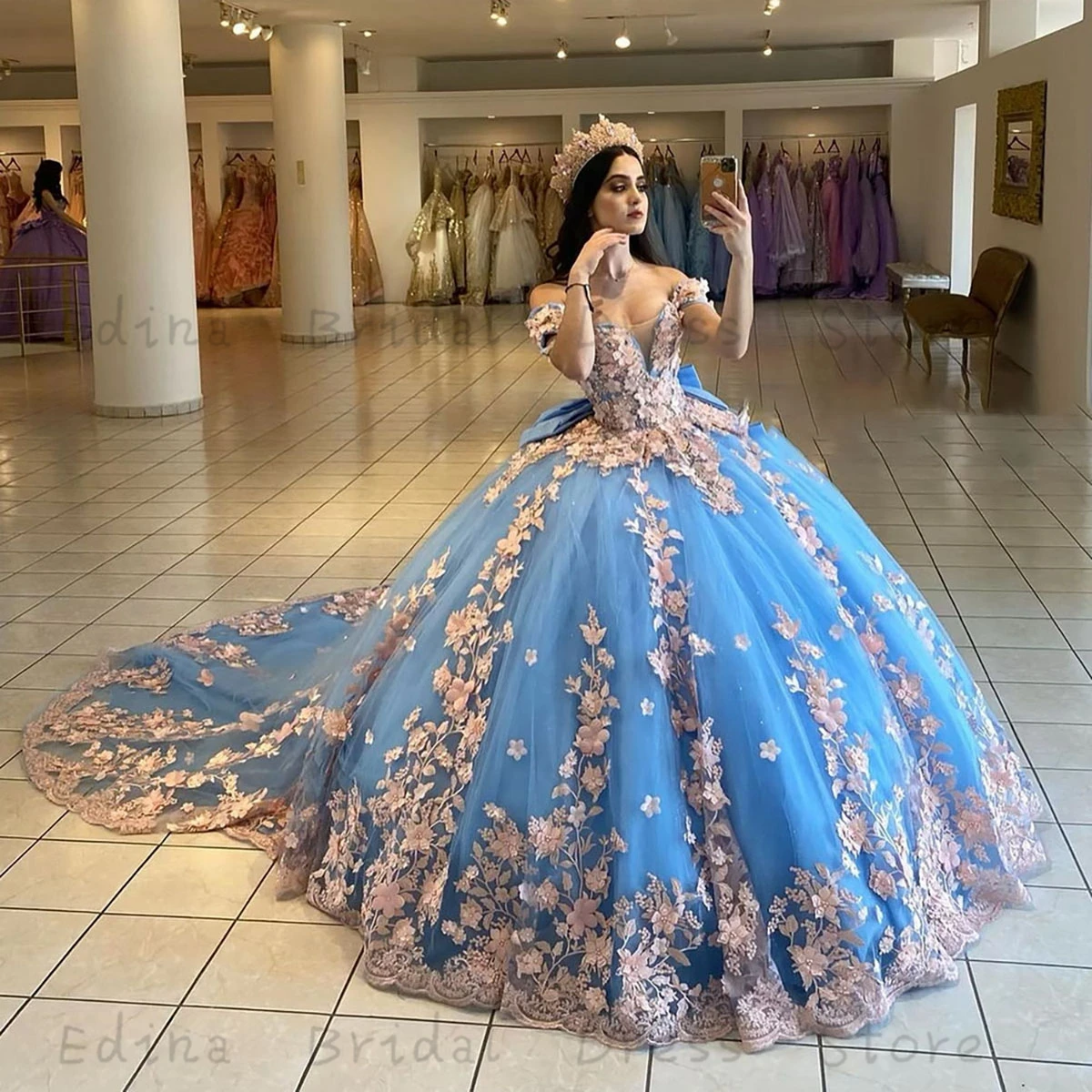 Top Trends: Princess Style Light Blue Lace 3D Florals Quinceanera Dress For Girls Sweep Train Off Shoulder Formal Dress With Bow Vestidos Shoppable Styles