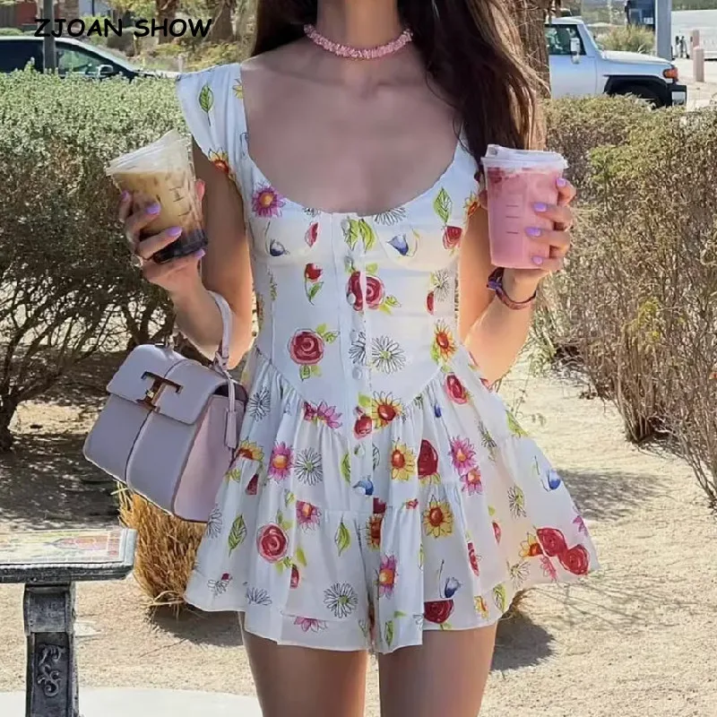 Top Trends: 2023 Summer U Collar White Print Flower Sleeveless Bodysuits Women Ruched Ruffles Hem Skirt-shorts Jumpsuit Tank Romper Overalls Shoppable Styles