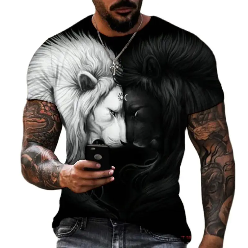 Top Trends: Lion Fighting Animal Beast Fierce Lion Wolf 3D T Shirt New Summer Men&#039;s Oversized Short Sleeve Black And White Design Polyester Shoppable Styles