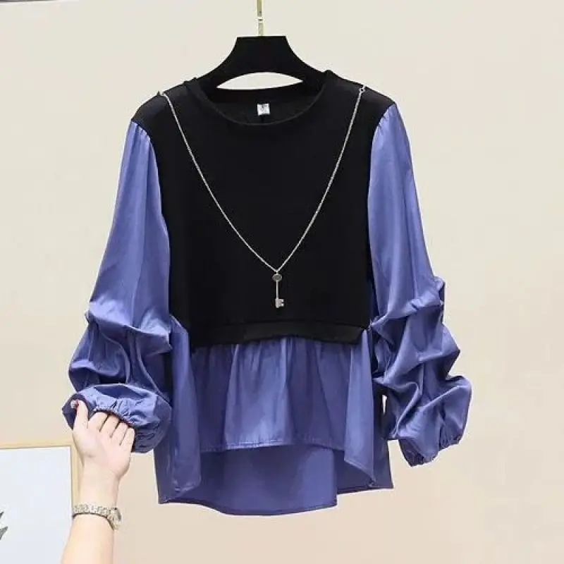 Top Trends: New Autumn Fashion Patchwork Shirt Color Contrast Long Sleeved Temperament Casual Round Neck Women's Fake Two-piece Top Shoppable Styles