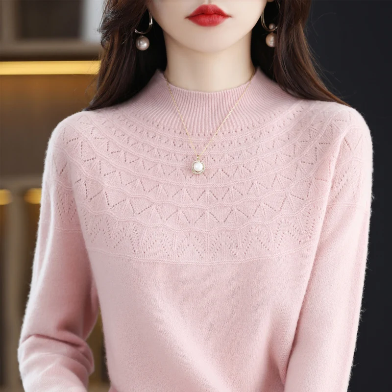 Top Trends: New Cashmere Sweater In Autumn And Winter 100% Pure Wool Women&#039;s Semi-high-necked Knitted Pullover Hollowed-out Fashion Top Shoppable Styles