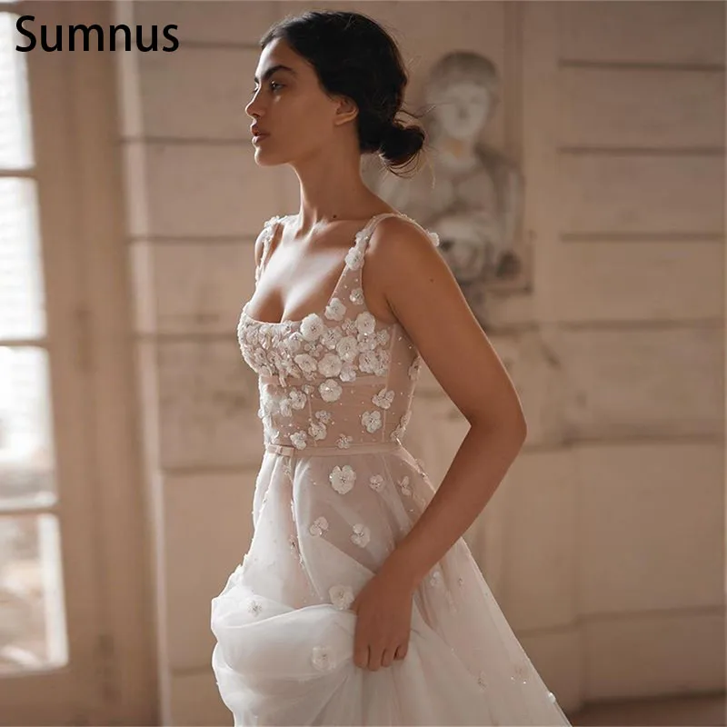 Top Trends: Sumnus Boho Tulle Long A-Line Wedding Dress 2022 Spaghetti Strap 3D Flowers Floor Length Vestidos De Novia Robe De Mariée New Shoppable Styles